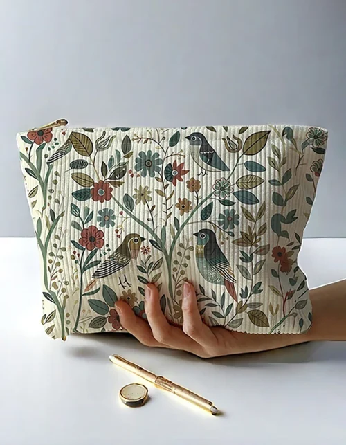 Corduroy Bird Branch Makeup Pouch